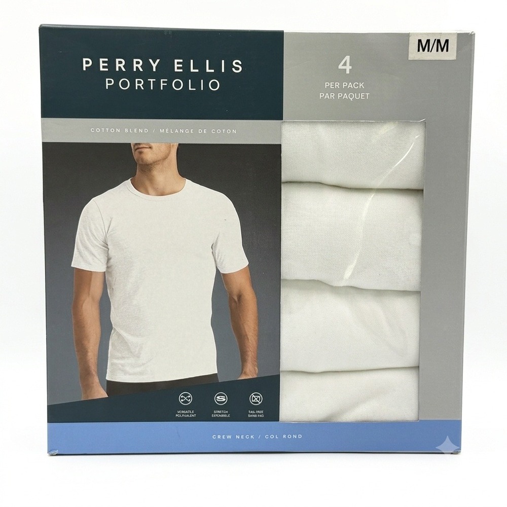 Perry Ellis Portfolio Undershirts Mens M White 4-Pack Cotton Blend Crew Neck NEW